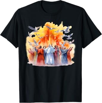 Pentecost Doves Tongues Fire Flame Holy Spirit Catholic T-Shirt