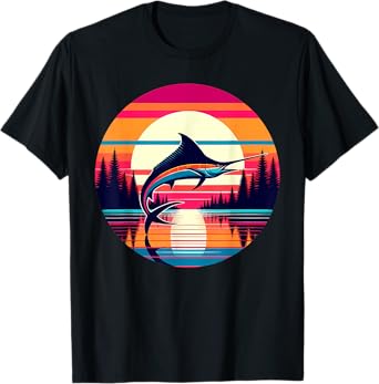 Marlin Fishing Sunset Retro Style Vintage 80s 70s Birthday T-Shirt