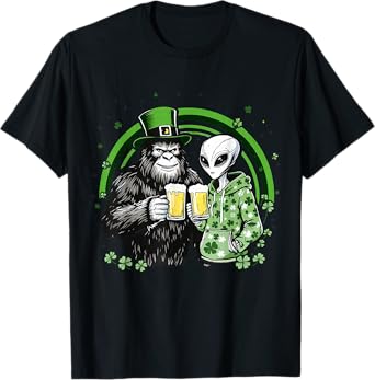 bigfoot and alien Sasquatch St Patricks Day Funny Irish Beer T-Shirt