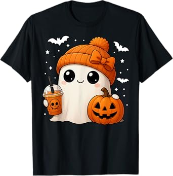 Halloween Cute Ghost Drink Pumpkin Women Girl Bow T-Shirt