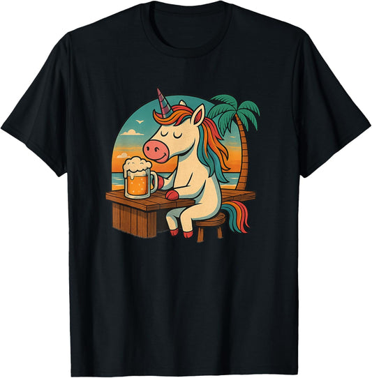 Unicorn with Beer, Relax, Unicorn, Beer, Beach, Sunset, Fun T-Shirt