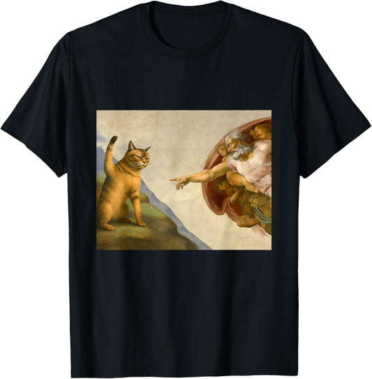 Funny Cat God Creation Of Adam-Michelangelo Jesus Art Meme T-Shirt