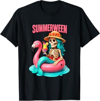 Summer-ween Mermaid Skeleton Flamingo Halloween Beach T-Shirt