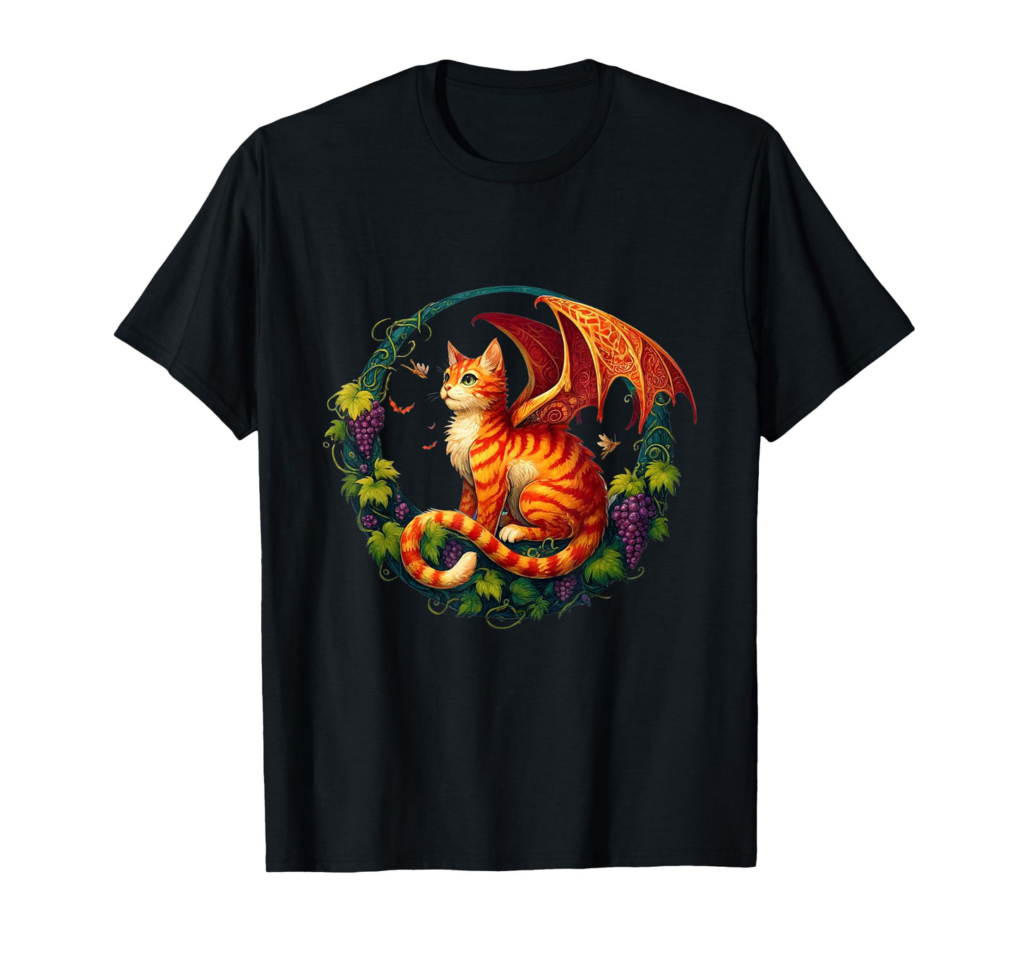 Retro Mystical Orange Tabby Dragon Cat Fae With Grapevines Men Women Kids T-Shirt