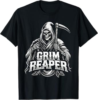 Grim Reaper Hooded Skeleton Scythe Design T-Shirt