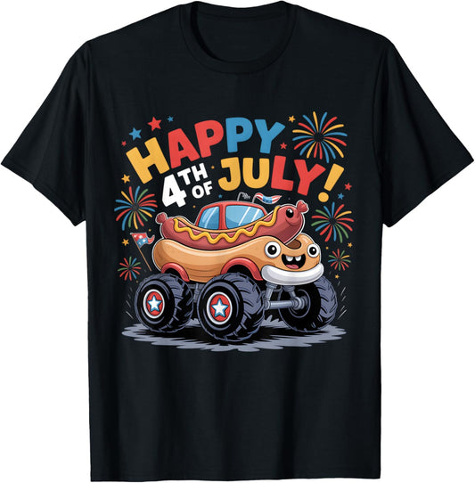 Hot Dog Monster Truck Happy 4th Of July Kids Toddler Boys T-shirt