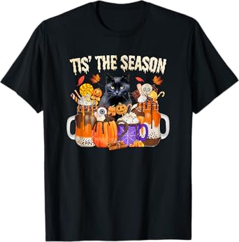 Fall Coffee Pumpkin Spice Latte Autumn Black Cat T-Shirt