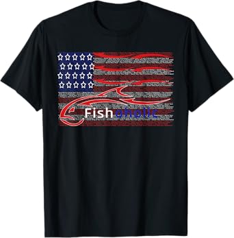 USA Flag Patriotic Fish Logo with Hidden Fishing Words T-Shirt