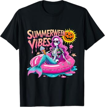 Summerween Vibes Spooky Summer Mermaid Skeleton Halloween T-Shirt