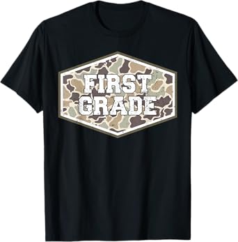 Camo First Grade Boy Hello 1st Grade Students Teachers T-Shirt