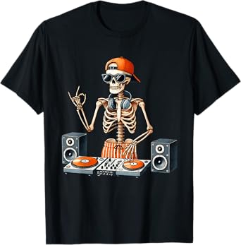 Skeleton DJ Halloween Costume Turntable Music Funny Men Boys T-Shirt