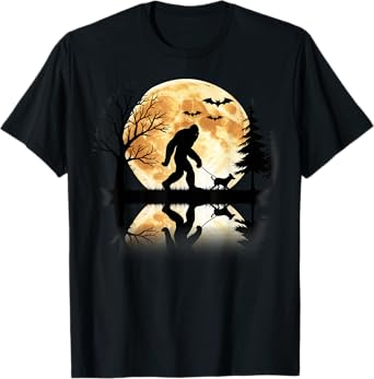 Bigfoot Walking With Dog Funny Halloween Moon T-Shirt