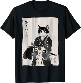 Samurai Cat Japanese Art Gifts For Cat Mom Cat Dad Cat Lover T-Shirt