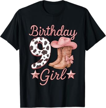 9th Birthday Girl Cowgirl Boots Hat Western Rodeo Outfit T-Shirt