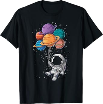 Astronaut Holding Planet Balloons Floating In Space T-Shirt