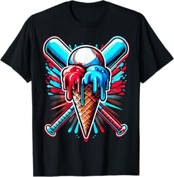 Baseball Boys Ice Cream Watercolor Funny Baseball T-Shirt
