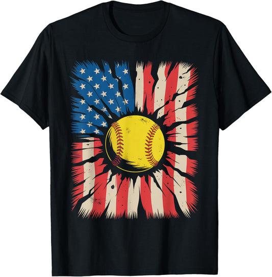 Patriotic Softball 4th Of July Vintage American Flag Men Boy T-shirt