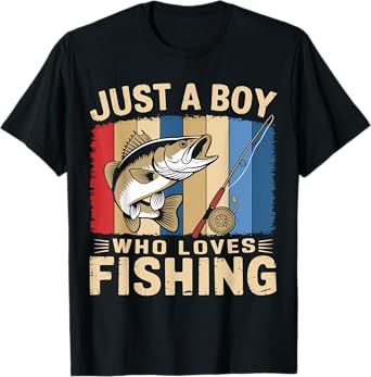 Magical and Funny Fisher Gifts Fisherman Just a Boy who loves Fishing Unisex Adult Fishing T-Shirt Black Short Sleeve Regular Fit Small