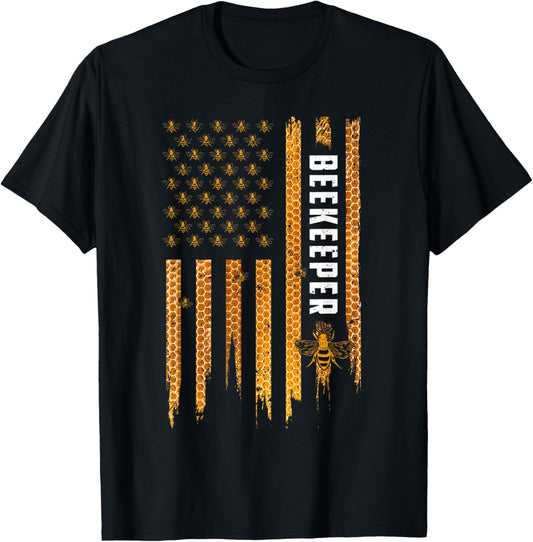 Beekeeping American Flag Honeycomb Honey Bees Beekeeper T-Shirt