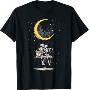 Skeleton Couple Matching Moon Swing Guitar Lover Halloween T-Shirt