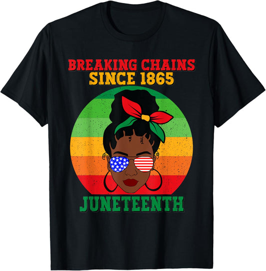 Messy Bun Juneteenth Breaking Chains Bandana Afro Sunglasses T-Shirt