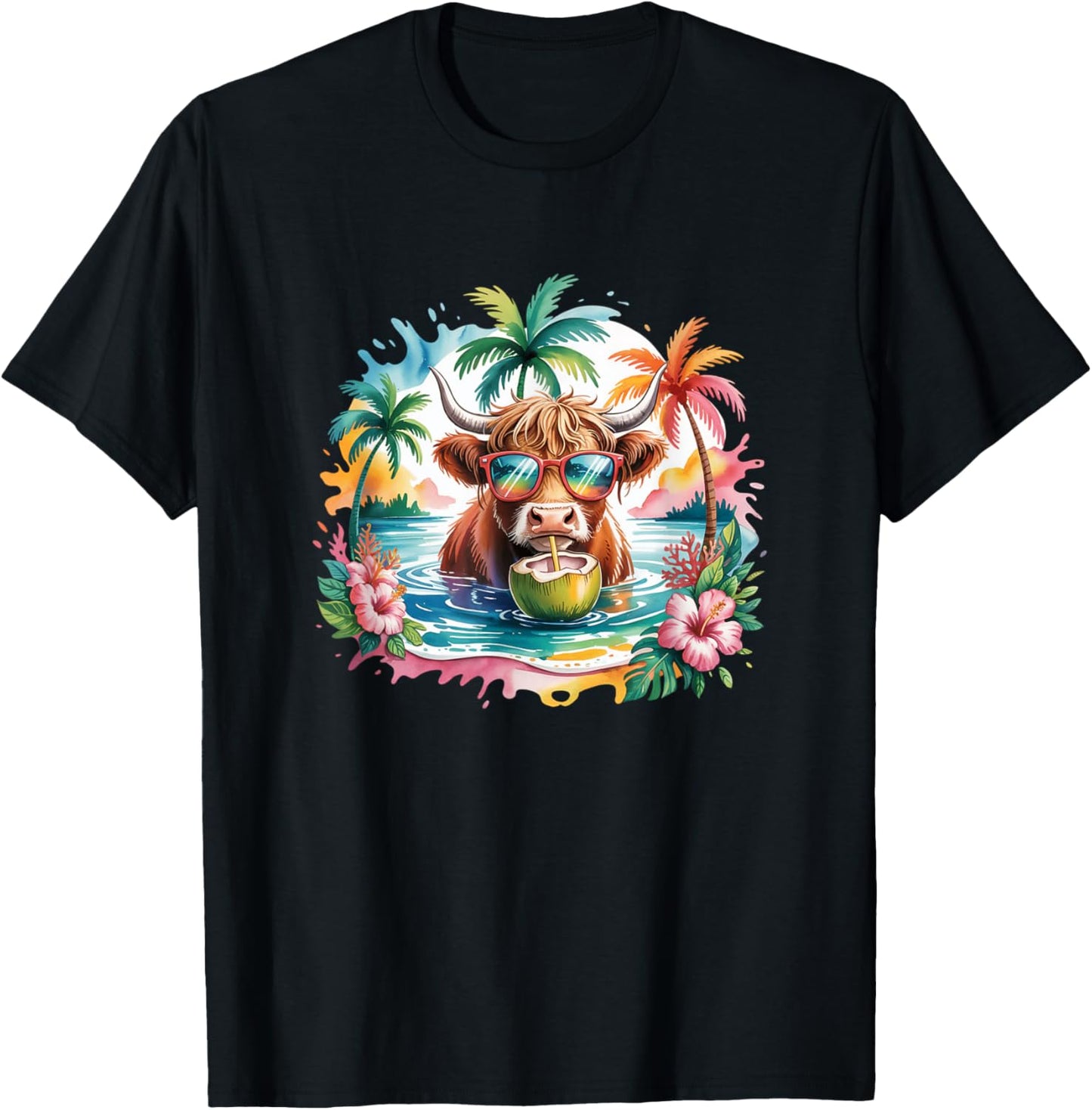 Tropical Highland Cow Summer Vibes Funny Beach Girls Women T-Shirt