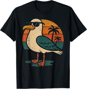 Cool Seagull With Sunglasses Retro Beach Sunset T-Shirt
