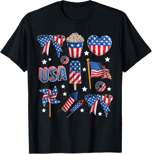 Girls USA Flag Fireworks Bows Patriotic 4th of July Coquette T-Shirt