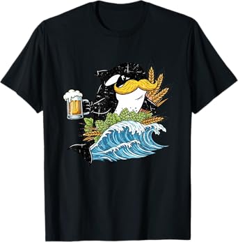 Mustachioed Killer Whale Brewmaster Retro Vintage Funny Orca T-Shirt