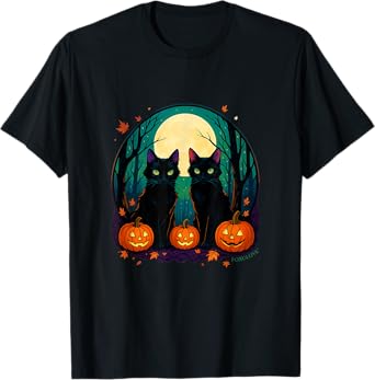 Black Cats with Pumpkins under Full Moon on Halloween Men Women T-Shirt