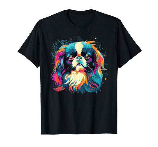 Retro Japanese Chin Dog Tees Women's Casual Watercolor Colorful Japanese Chin Dogs T-Shirt Black Small