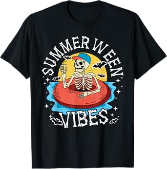 Summerween Vibes Skeleton Float Summer Halloween T-Shirt for Men Women Kids