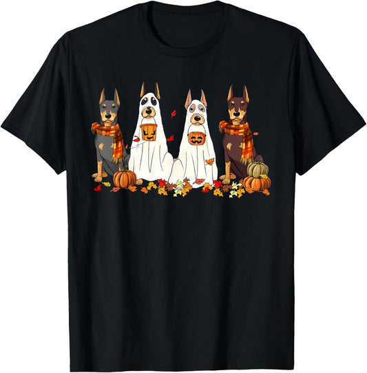 Funny Doberman Dog Ghost Fall Autumn Leaves Thanksgiving T-Shirt