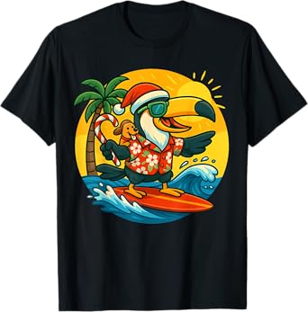 Surfing Santa Toucan and funny dog Tropical Christmas Fun T-Shirt