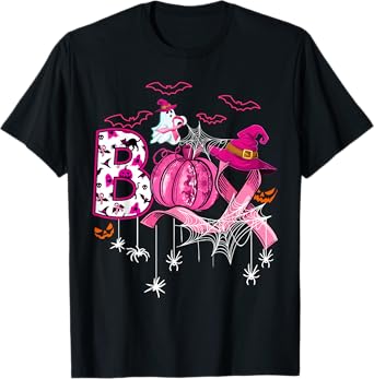 Boo Halloween Pumpkin Pink Ribbon Witch Breast Cancer T-Shirt