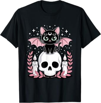 goblincore cat bat on skull moonphases goth cottagecore Men Women Kids T-Shirt