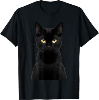 Black Cat Yellow Eyes Angry Cat Funny Staring Cat Halloween Men Women Kids T-Shirt