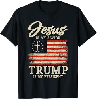 Jesus Is My Savior Trump Is My President 2024 USA Flag Cross T-Shirt