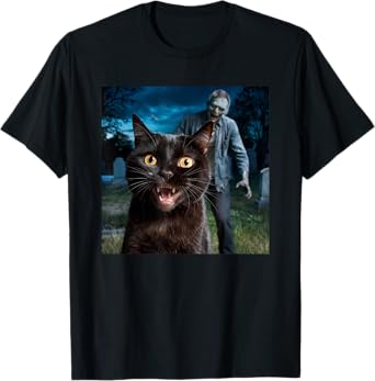 Cat and Zombie Selfie Photo Halloween for Cat Lovers T-Shirt
