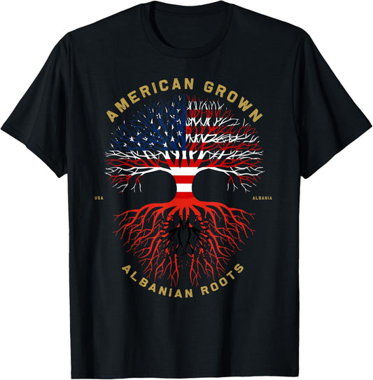 American Grown With Albanian Roots Tree USA Flag Gift T-Shirt