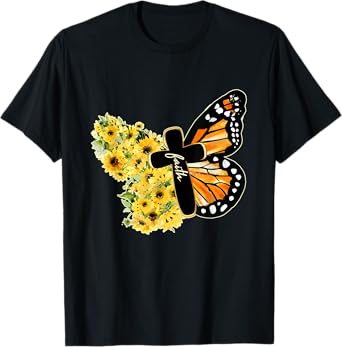 Faith Cross Sunflower Butterfly Christian Vintage T-Shirt