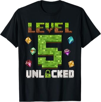 Funny Birthday Boy Level 5 Unlocked 5th Birthday Game Pixel T-Shirt