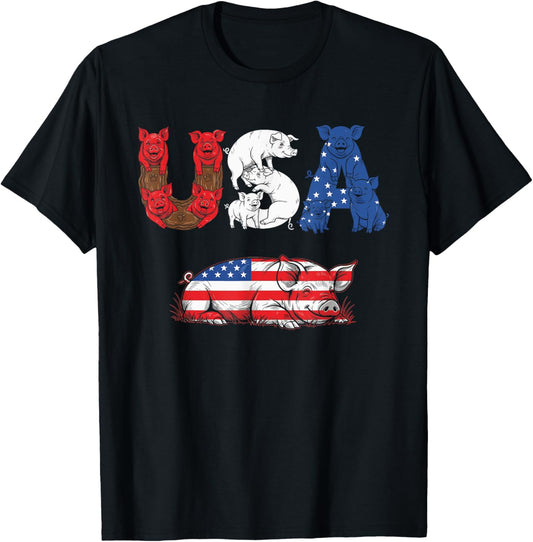 Funny Pig American Usa Flag 4th Of July Womens Mens Kids T-shirt