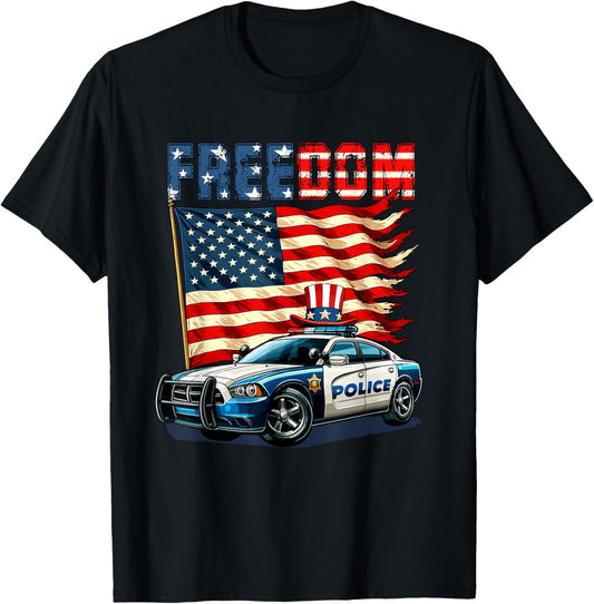 Freedom 4th Of July Us Flag Police Car Driver Patriotic T-shirt