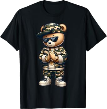 Camo Hip Hop Teddy Bear Camouflage Streetwear Mens Boys Cool T-Shirt