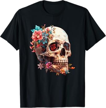 Floral Sugar Skull Rose Flowers Mycologist Gothic Goth T-Shirt