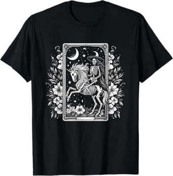 Skeleton Riding Unicorn Skeleton Tarot Card Halloween Flower T-Shirt