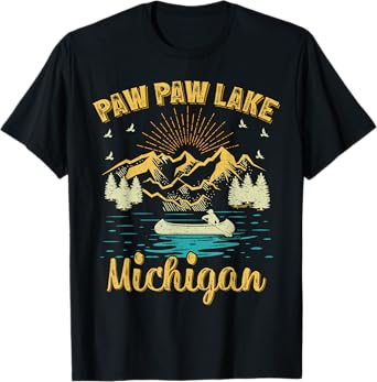Summer Vacation Retro Mountain Michigan Paw Paw Lake Men Women Kids T-Shirt