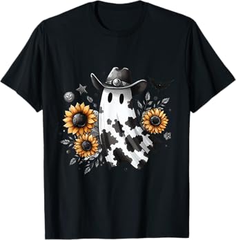 Cute Ghost in Cowboy Hat with Sunflowers Western Halloween T-Shirt