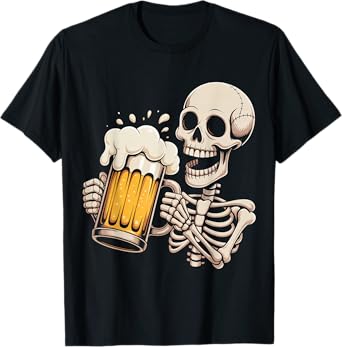 Skeleton Drinking Beer Halloween Spooky Season Mens Womens T-Shirt